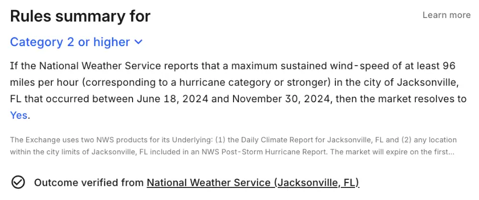 Screenshot of Kalshi's hurricane resolution terms