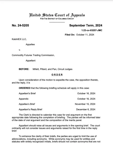 US Court of Appeals schedule for Kalshi vs. CFTC
