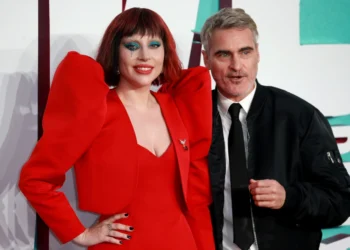 Lady Gaga and Joaquin Phoenix pose together at the UK premiere of "Joker Folie à Deux" held at Cineworld Leicester Square in London on September 25, 2024.