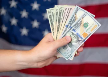 Stock image of money and American flag