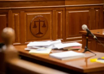 Stock image of court room preparing for oral arguments